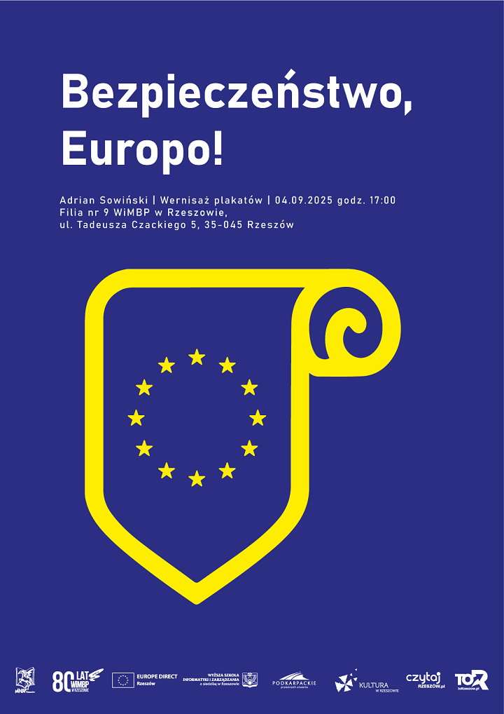 Plakat z niebieskim tłem a na nim żółtą flagą z gwiazdkami. 