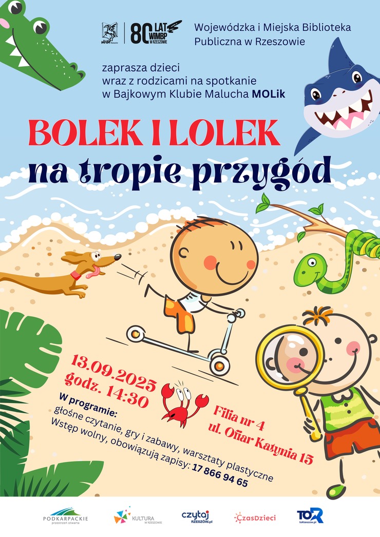 Dwóch chłopców jeden jedzie na hulajnodze, drugi ma w ręku szkło powiększające. Obok zwierzęta.