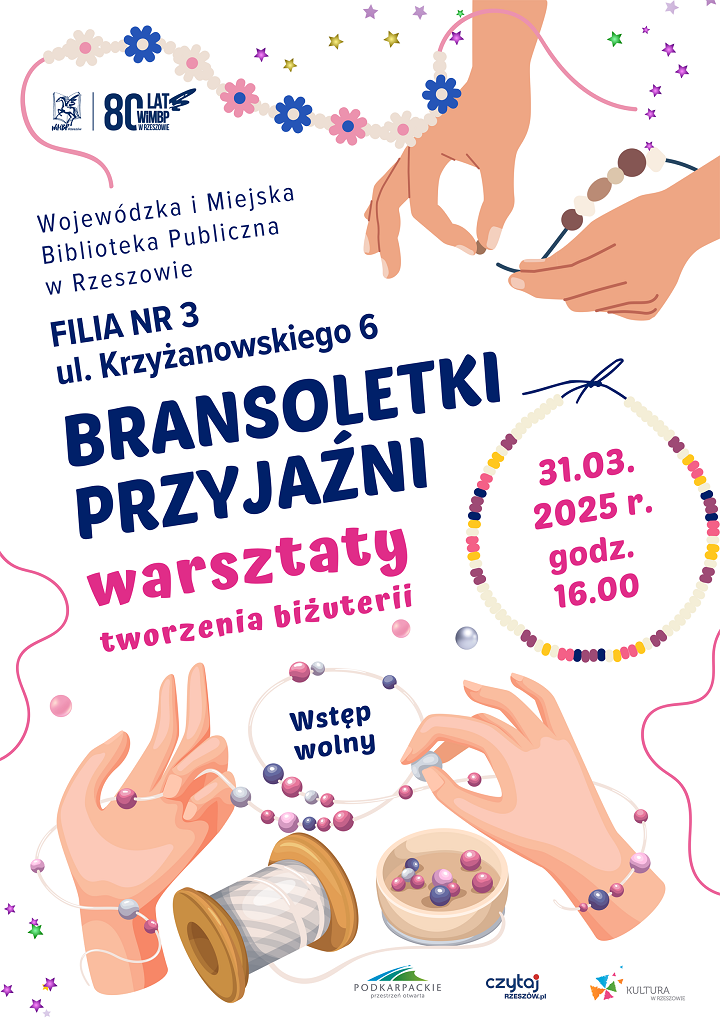 Grafika z dłonmi nawlekającymi koraliki na sznurek