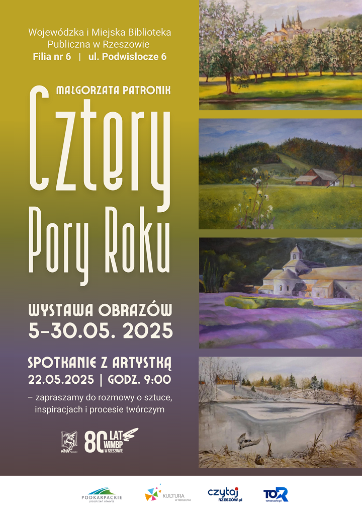 Grafika przedstawia cztery obrazy akwarelowe z krajobrazami. 