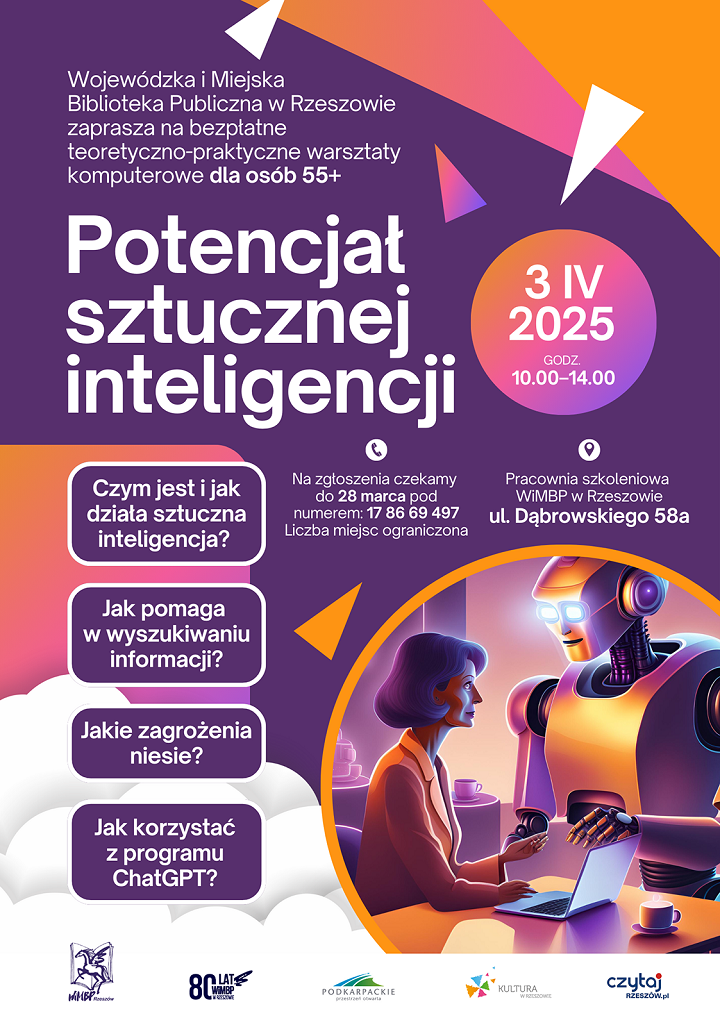 Grafika wygenerowana przez sztuczną inteligencję. Starsza kobieta z robotem.