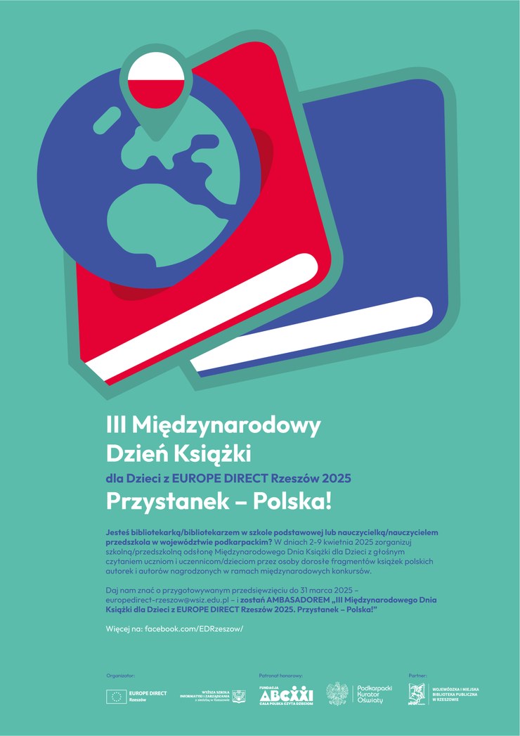 Na obrazku dwie ikonki książek. Z książki wystaje kula ziemska z zaznaczoną lokalizacją Polski.