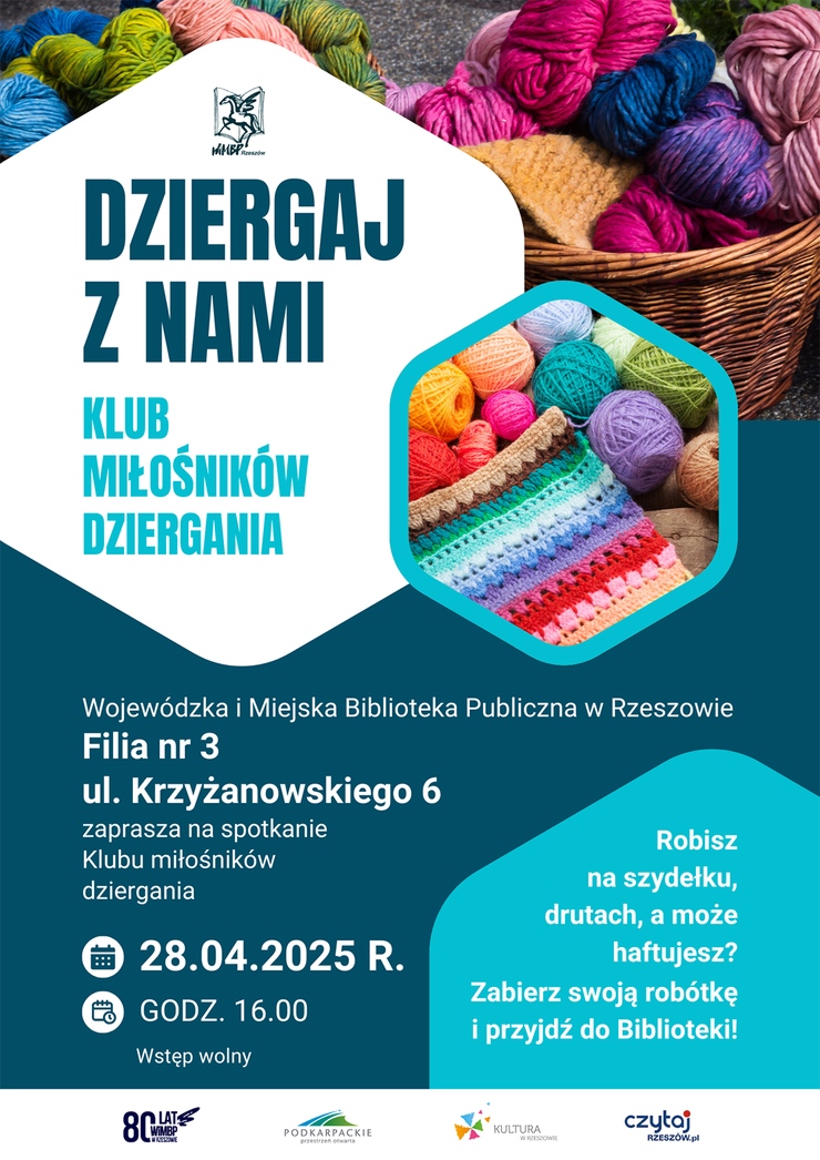 Grafika z koszykami pełnymi kolorowych motków włóczki