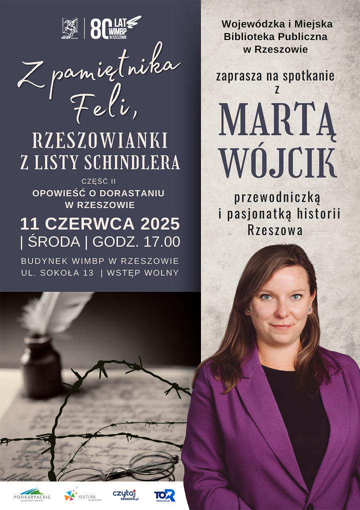 obieta w średnim wieku w marynarce. W tle pióro, odręczne notatki i drut kolczasty. 