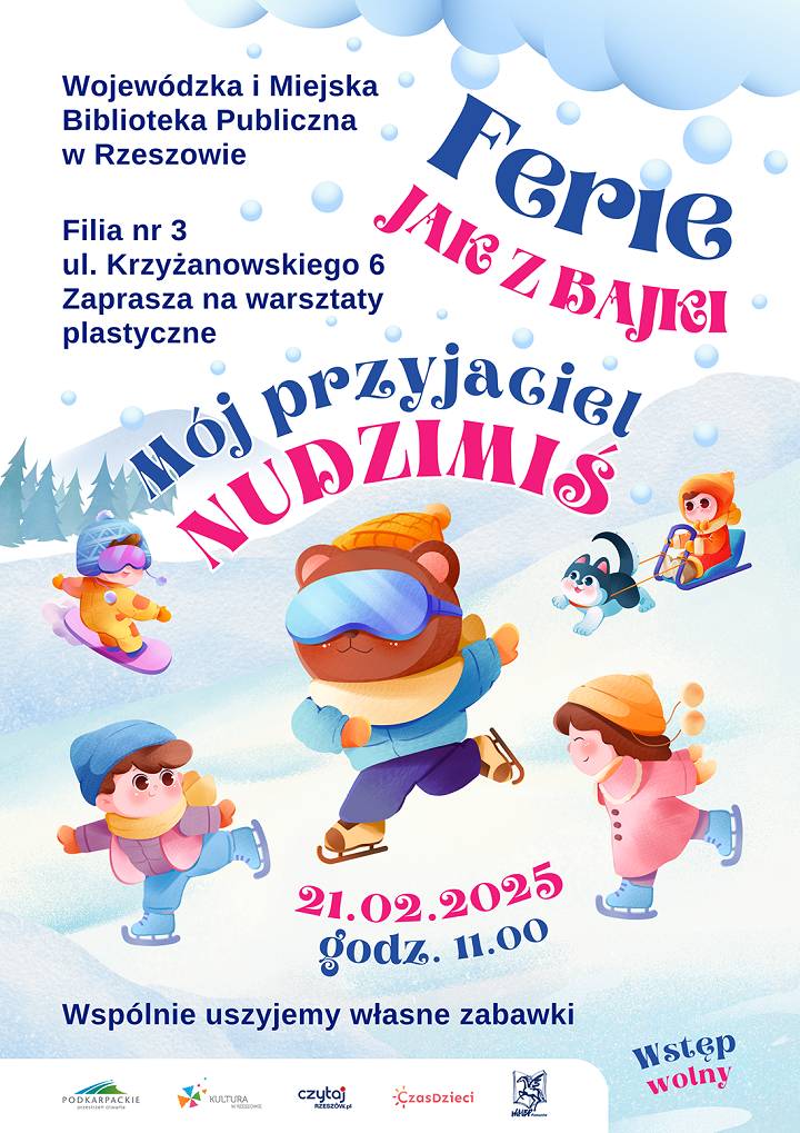 Dzieci jeżdżące na łyżwach i sankach z misiem i kotem.