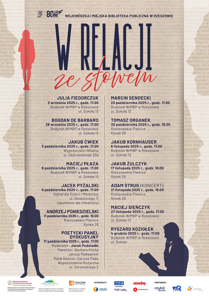 Grafika z duża ilością tekstu. W tle profile twarzy i odręczne pismo. 