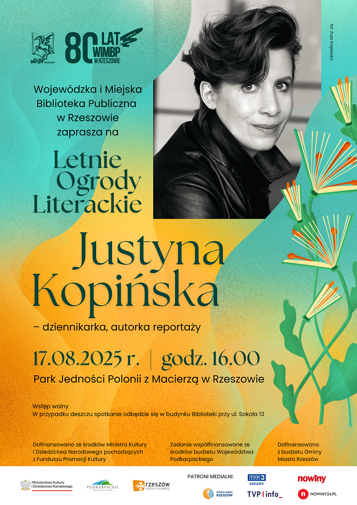 Na plakacie portret kobiety w krótkich włosach i skórzanej kurtce. 