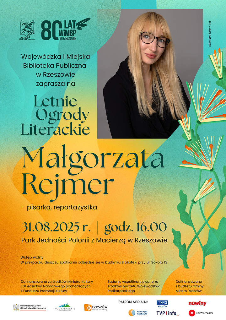 Plakat ze zdjęciem kobiety blondwłosej w okularach. 