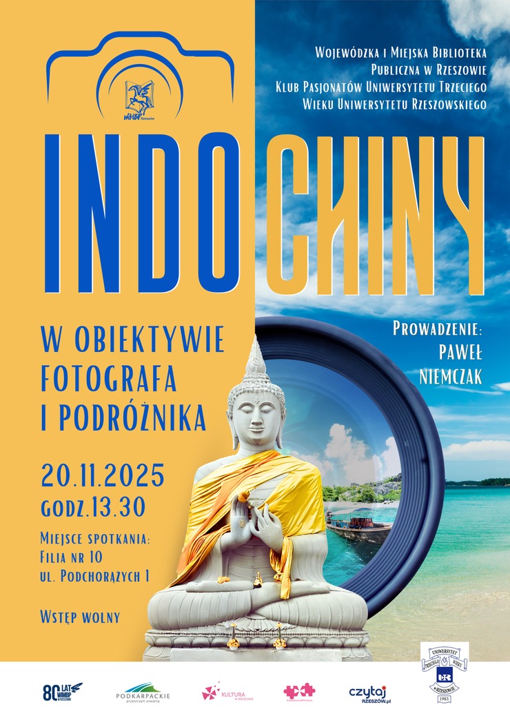 Budda, w tle obiektyw, morze.