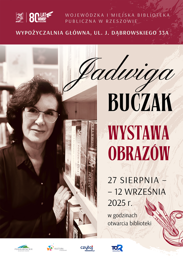 Plakat z fotografią kobiety przy regałach z książkami.