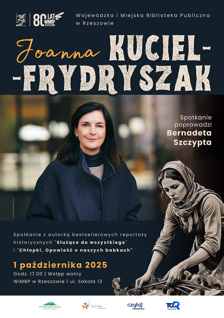 Fotografia kobiety w średnim wieku w płaszczu. Z boku grafika z chłopką. 