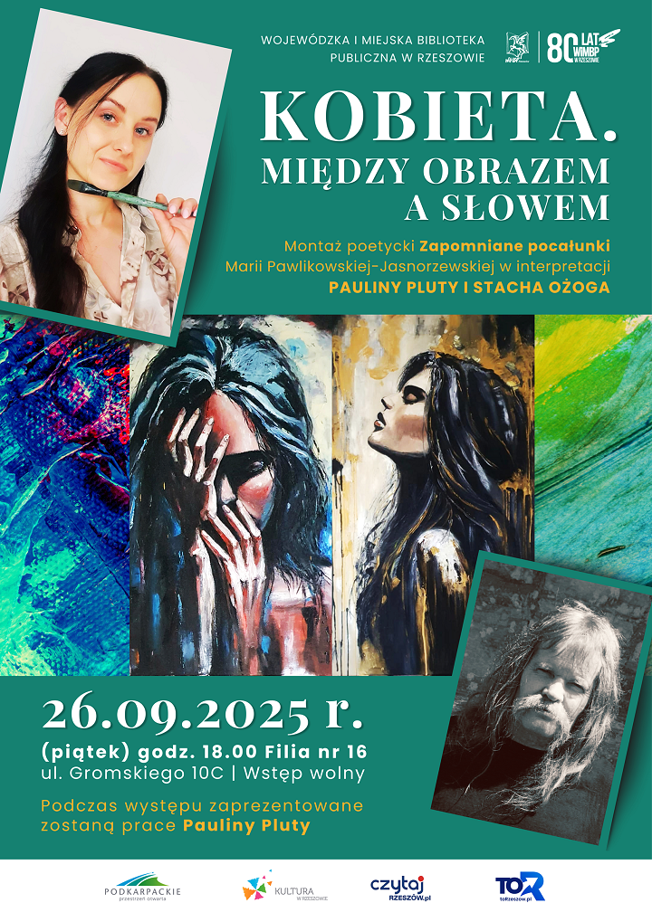 Na plakacie dziewczyna z pędzlem, cztery obrazy oraz portret mężczyzny. 