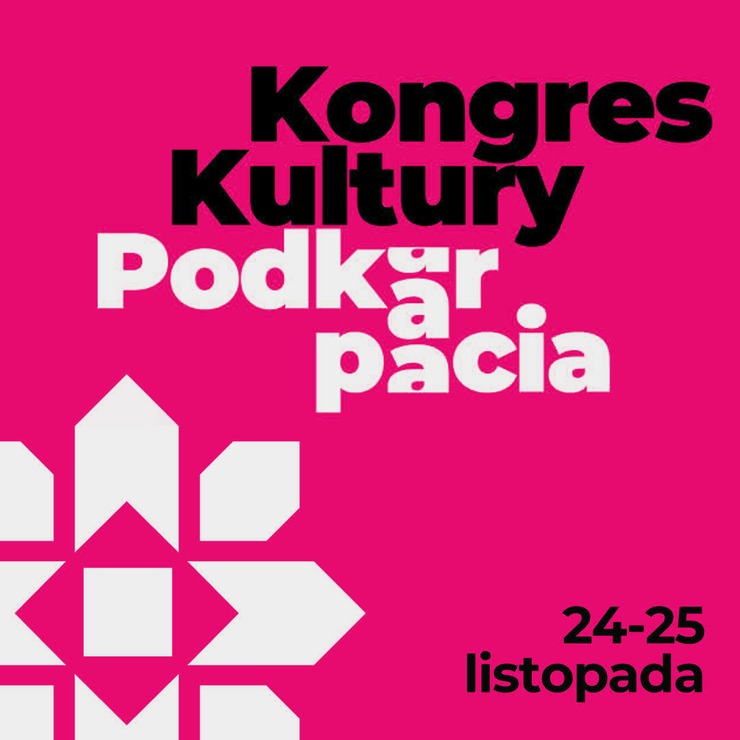 Czarno biały napis Kongres Kultury Podkarpacia, na różowym tle