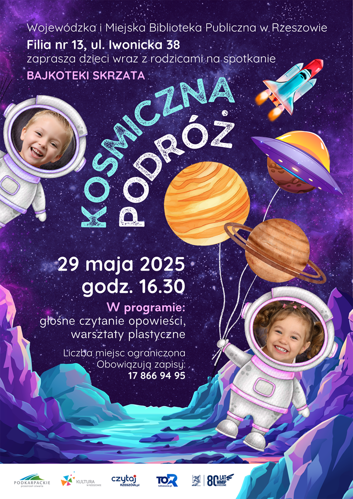 Plakat z motywem kosmosu, planet, dzieci w przebraniu kosmonautów. 