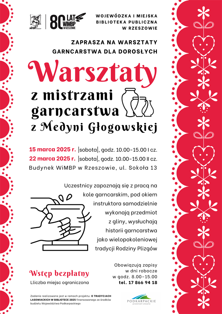 Grafika z wzorem lasowiackim i motywem glinianych garnków