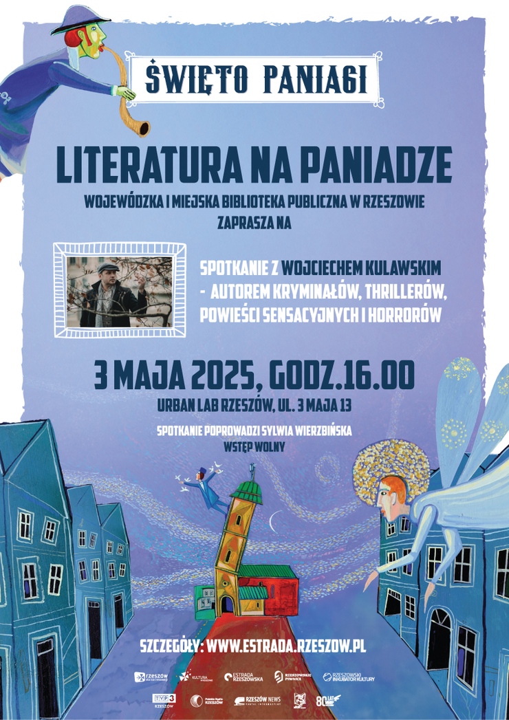 Grafika przedstawia kamieniczki ulicy 3 maja w Rzeszowie i anioły