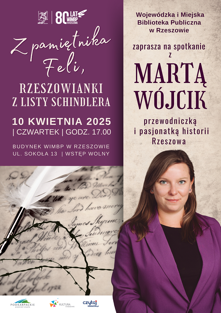 Grafika z kobietą w średnim wieku, w tle za nią kartka rękopisu i pióro
