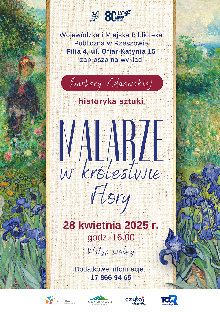 Na plakacie lniane płótno, w tle pejzaż z ogrodem i kwiatami. 