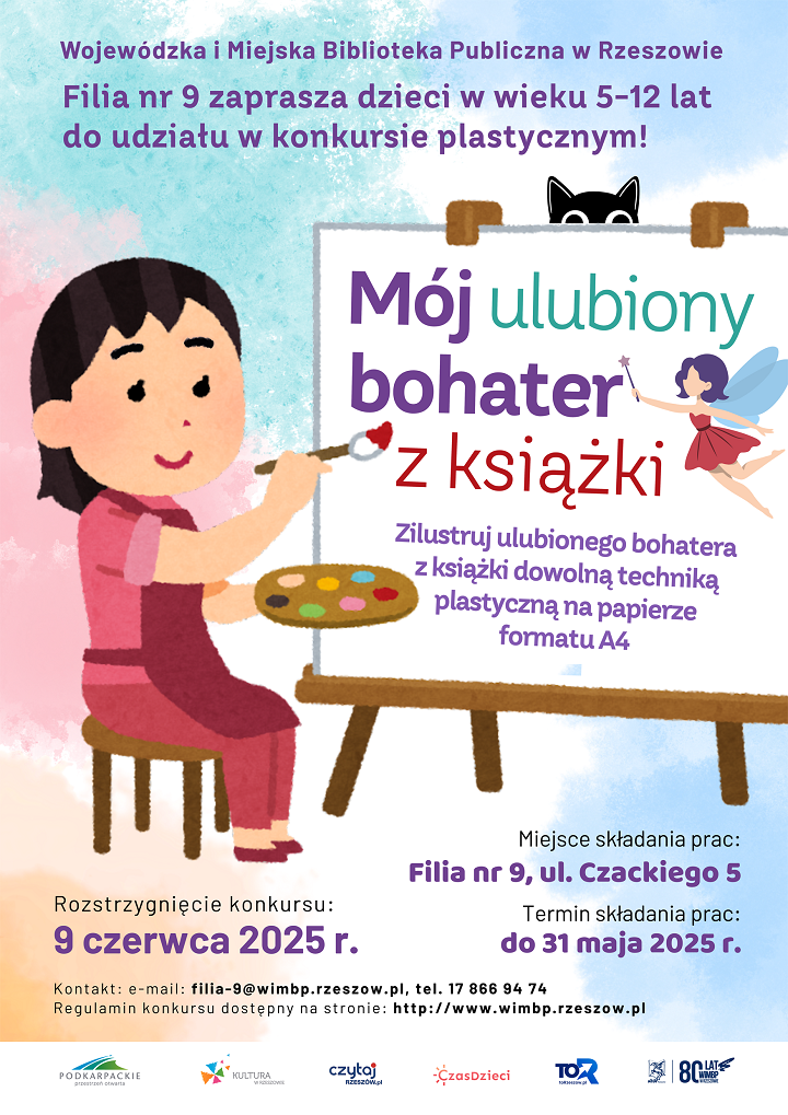 Dziewczynka z paletą farb malująca na sztaludze. 