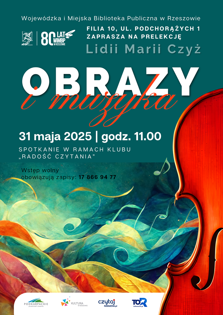 plakat przedstawia skrzypce z artystycznym pejzażem wody
