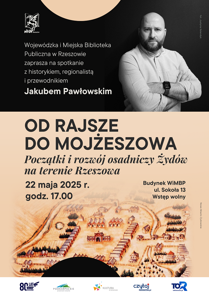 U góry portret mężczyzny w cieniu. U dołu stary rysunek osady miejskiej. 