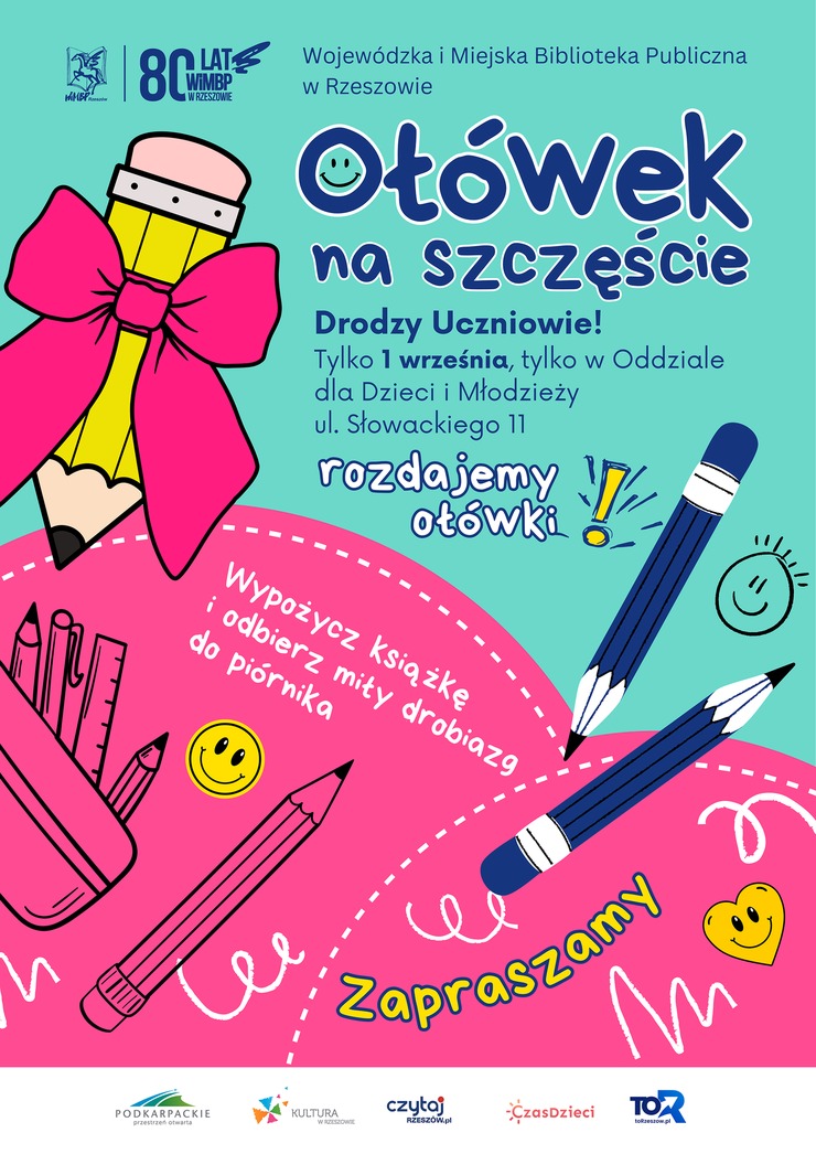 Piórnik z przyborami szkolnymi, wokół ołówki