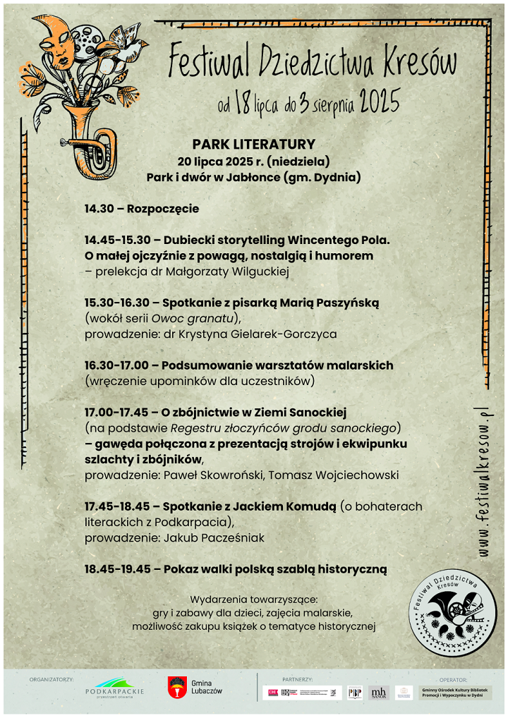 Plakat z programem wydarzenia. W lewym rogu grafika z maskami i kwiatami w trąbce. 