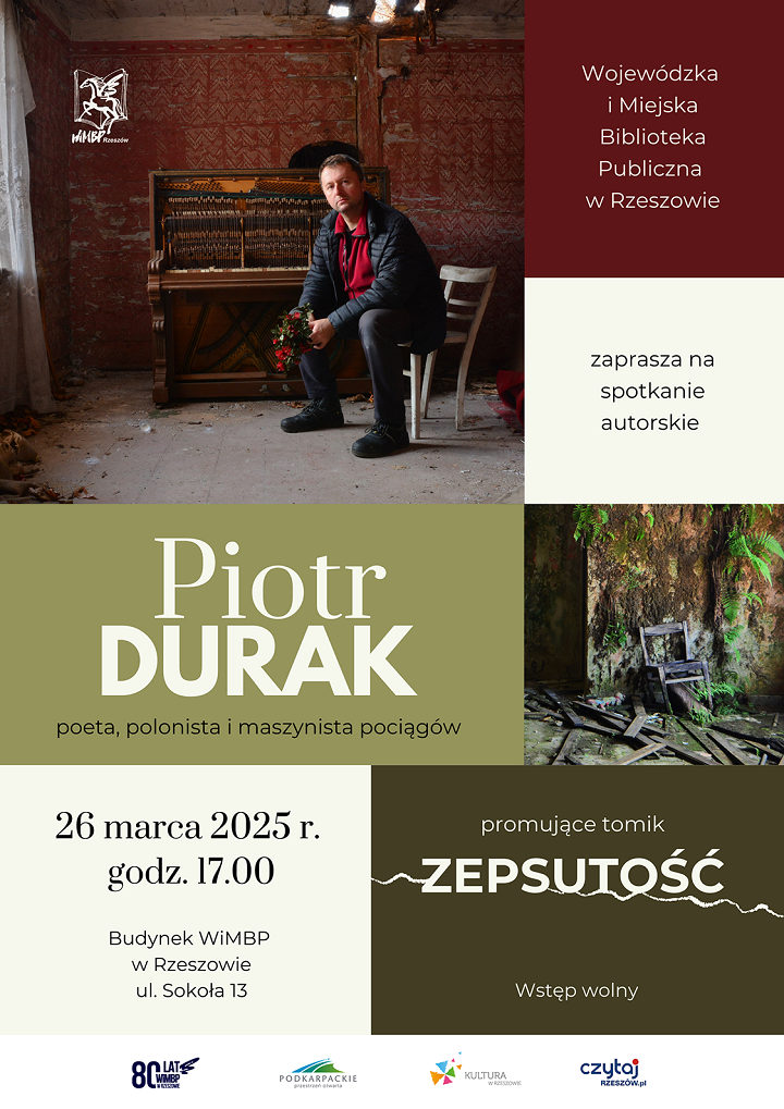 Mężczyzna przy fortepianie w opuszczonym budynku.