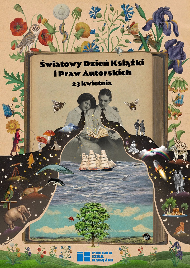 Artystyczna grafika w formie kolażu z książką, wodą roślinami, galaktyką, zwierzętami. 