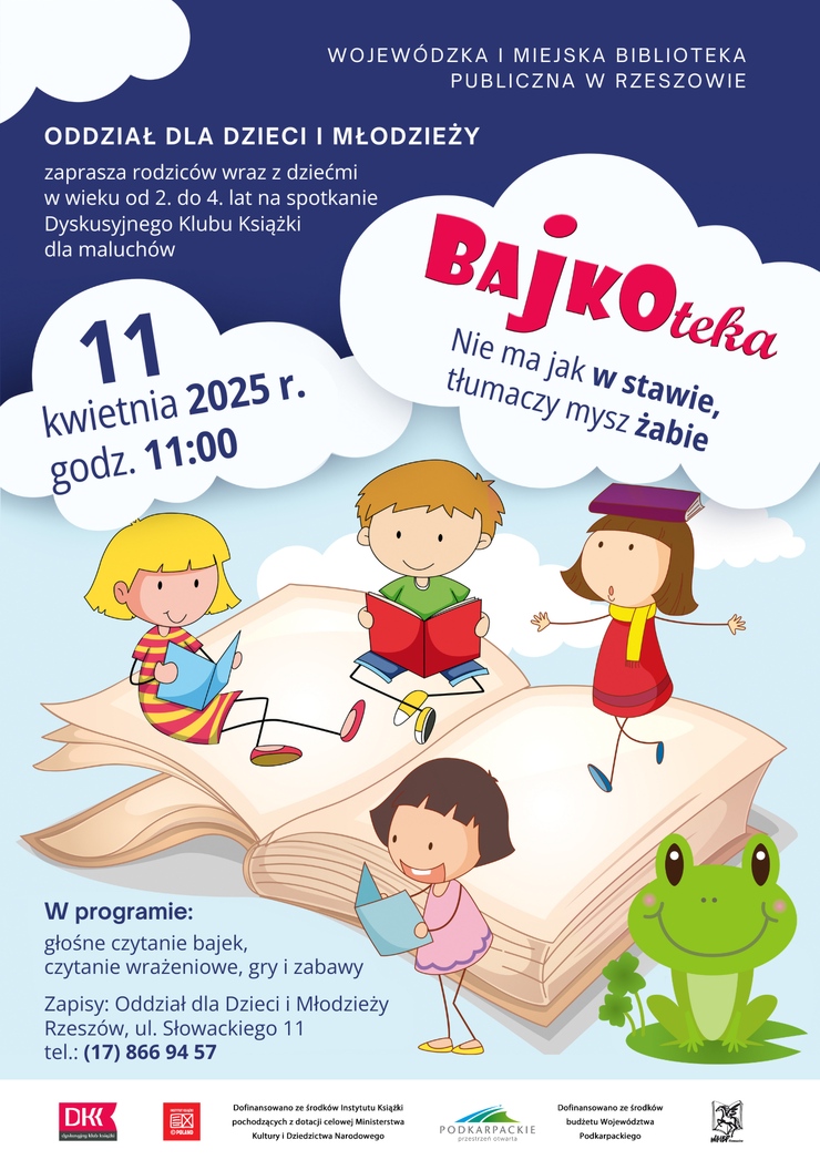 Grafika z rysunkowymi postaciami dzieci, które siedzą na otwartej książce