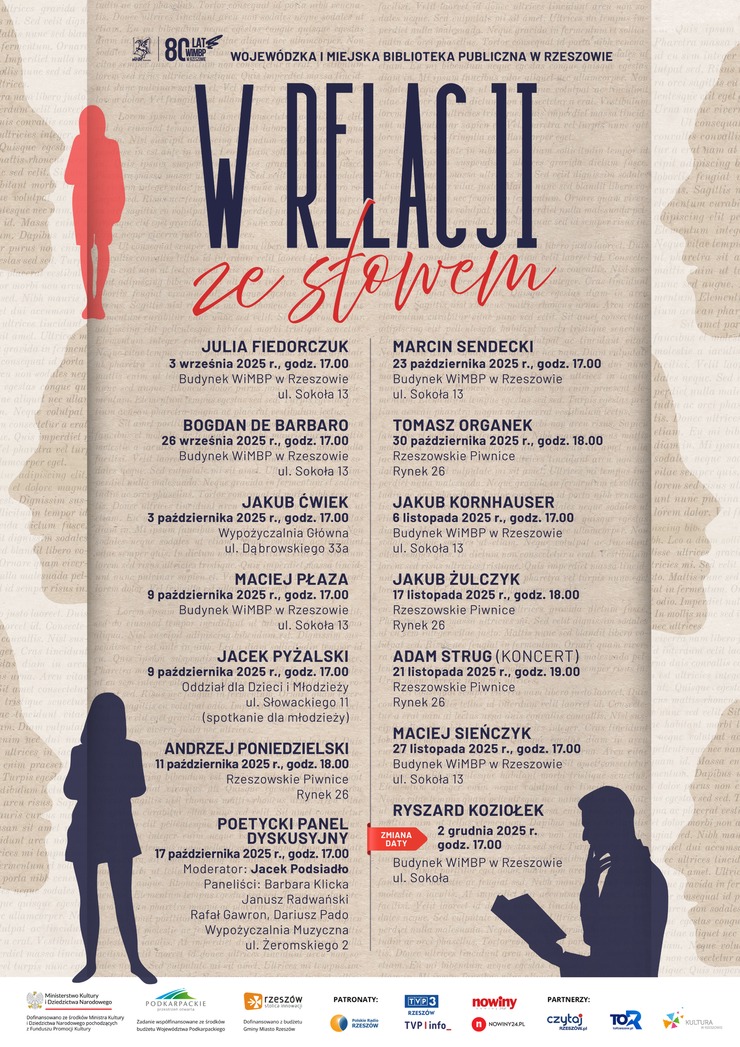 Grafika z duża ilością tekstu. W tle profile twarzy i odręczne pismo. 