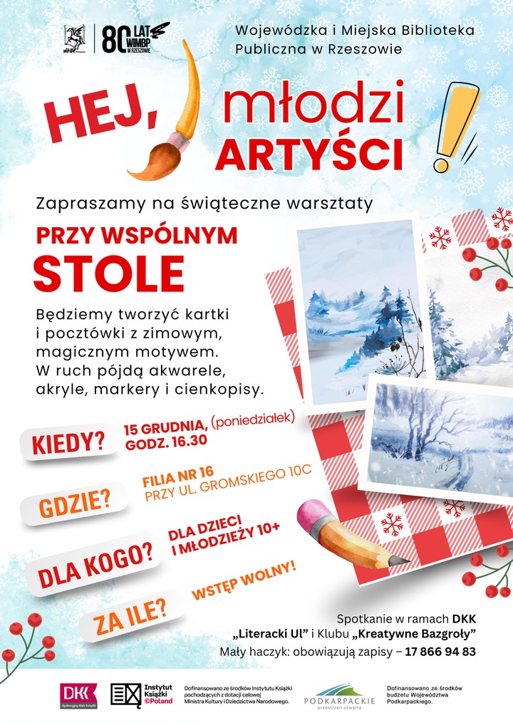 Zimowe pocztówki, ołówek i pędzel.