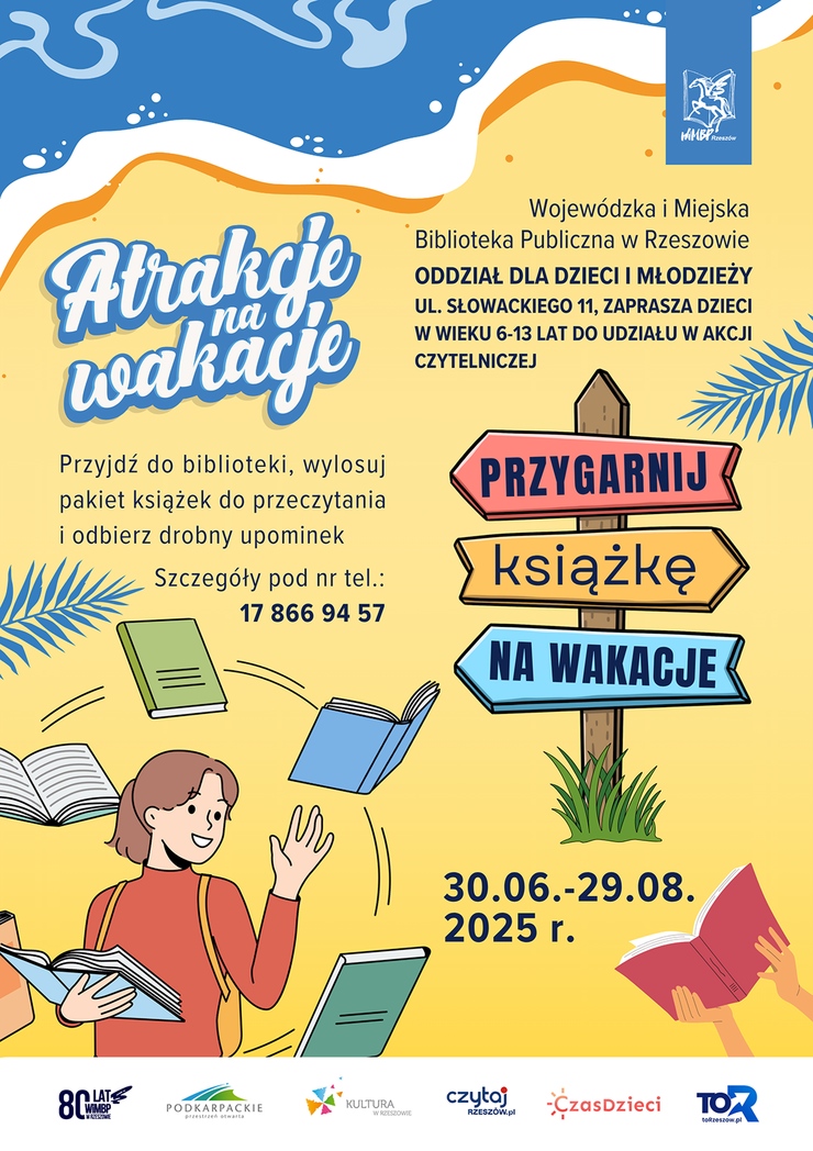 Dziewczynka z książką w ręku, wokół niej książki, obok drogowskaz