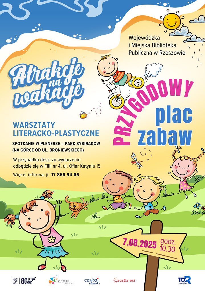 Pięcioro dzieci i pies bawiące się na zielonej polanie. 
