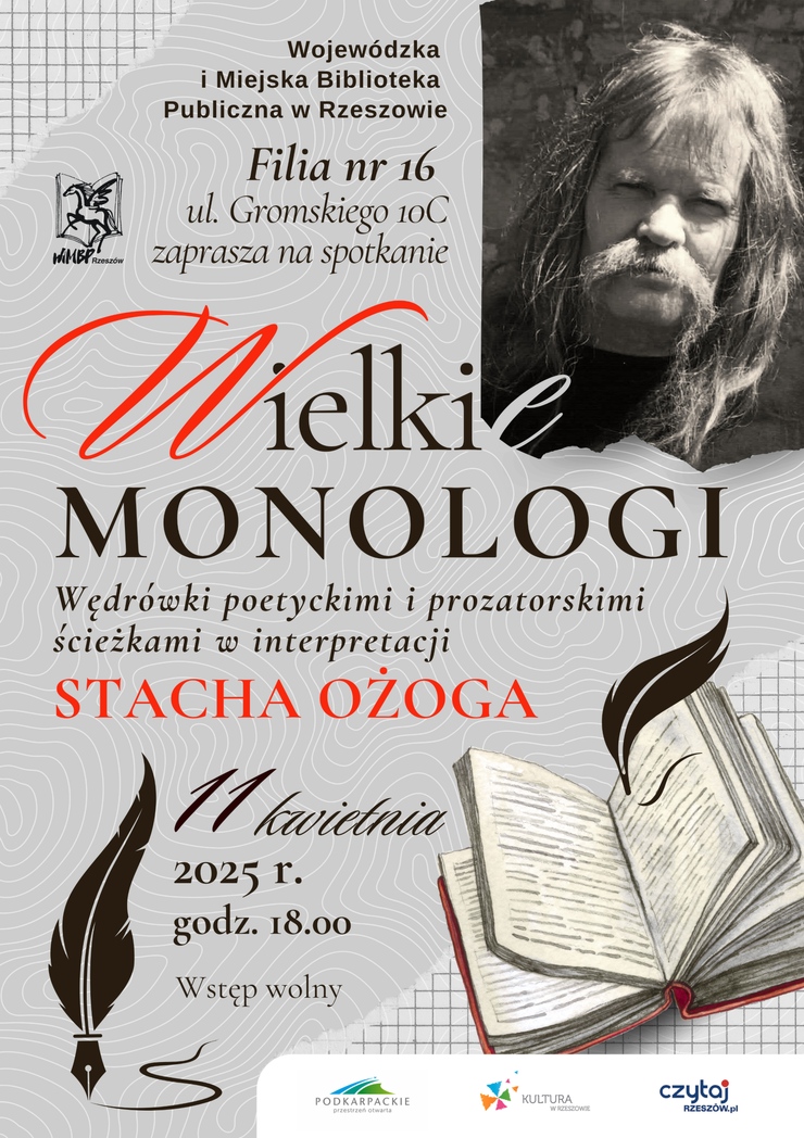 Starszy mężczyzna z wąsami i długimi włosami. Poniżej otwarta książka.