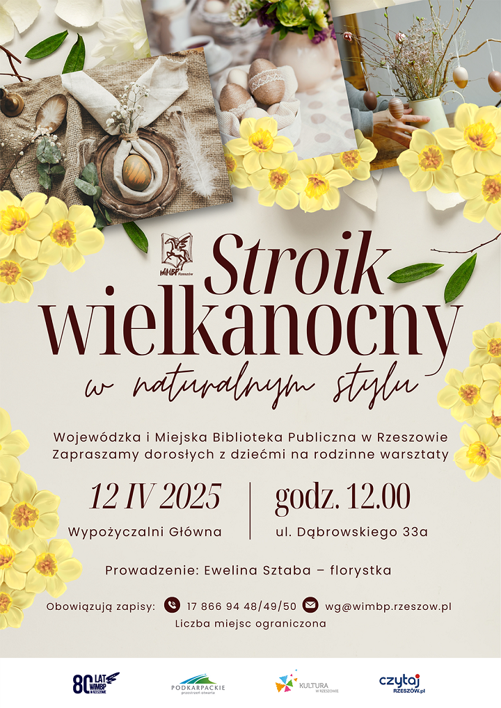 Grafika z kwiatami żonkili, jajkami oraz dekoracjami wielkanocnymi. 