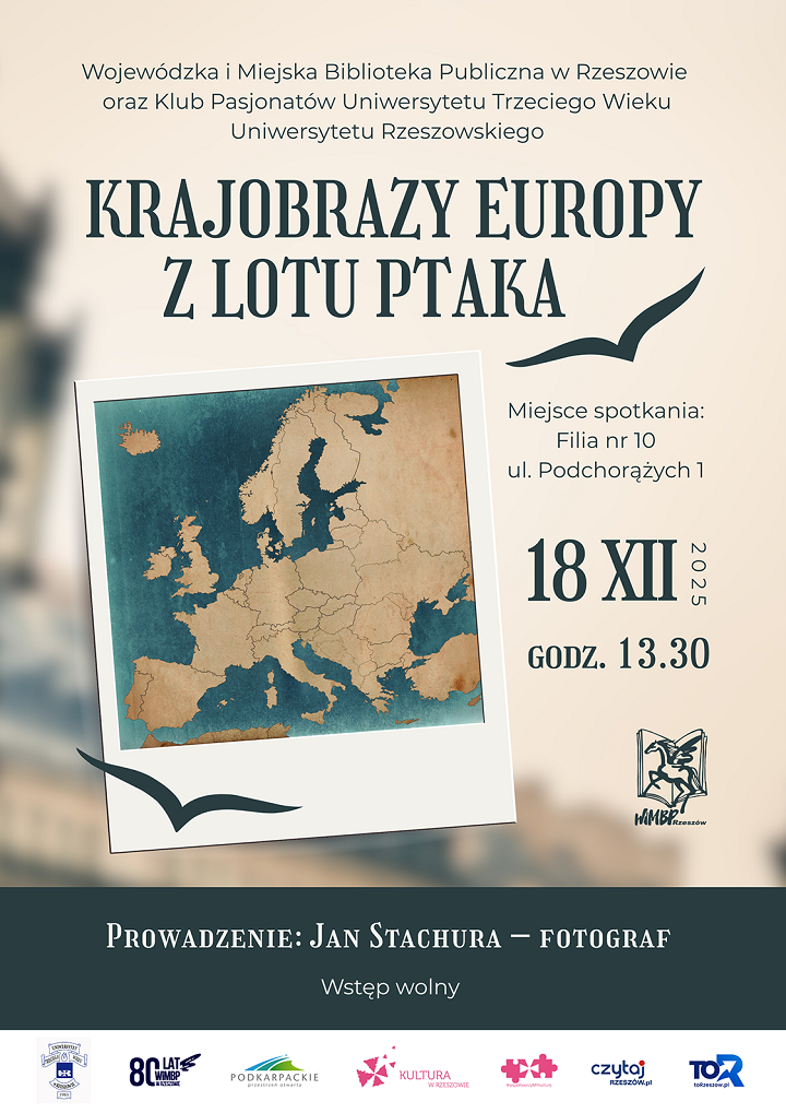 Na plakacie mapa Europy w ramce. Dwa latające ptaki. 