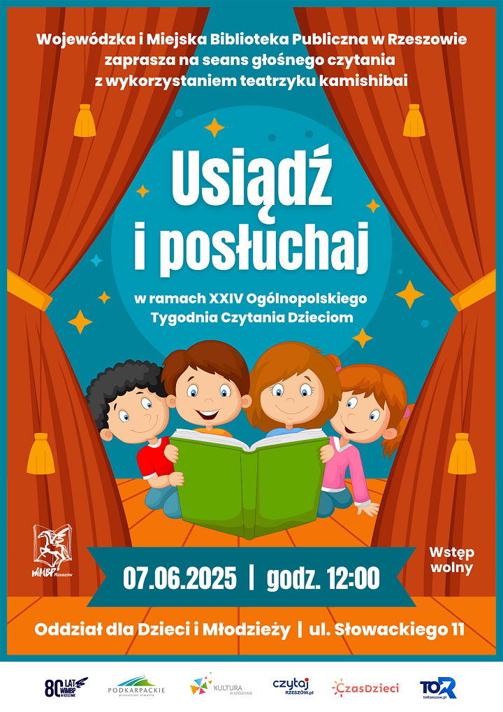 Na grafice dzieci z książką występujące na scenie teatru. 