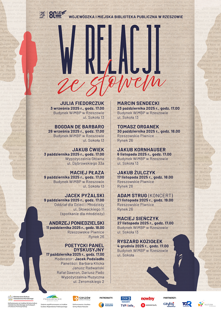 Grafika z duża ilością tekstu. W tle profile twarzy i odręczne pismo. 