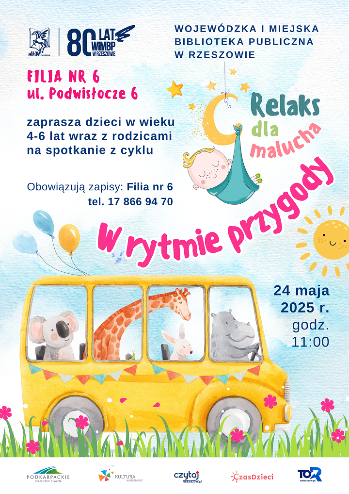 Na łące kolorowy autobus ze zwierzętami. 