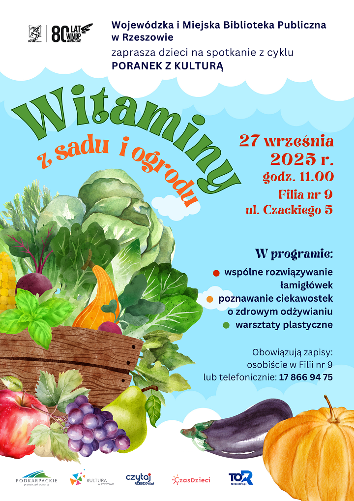 Plakat z koszem pełnym warzyw i owoców. 