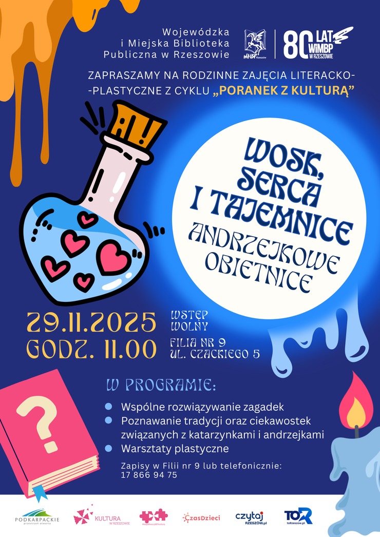 Kolba wypełniona płynem z sercami, książka, świeca.