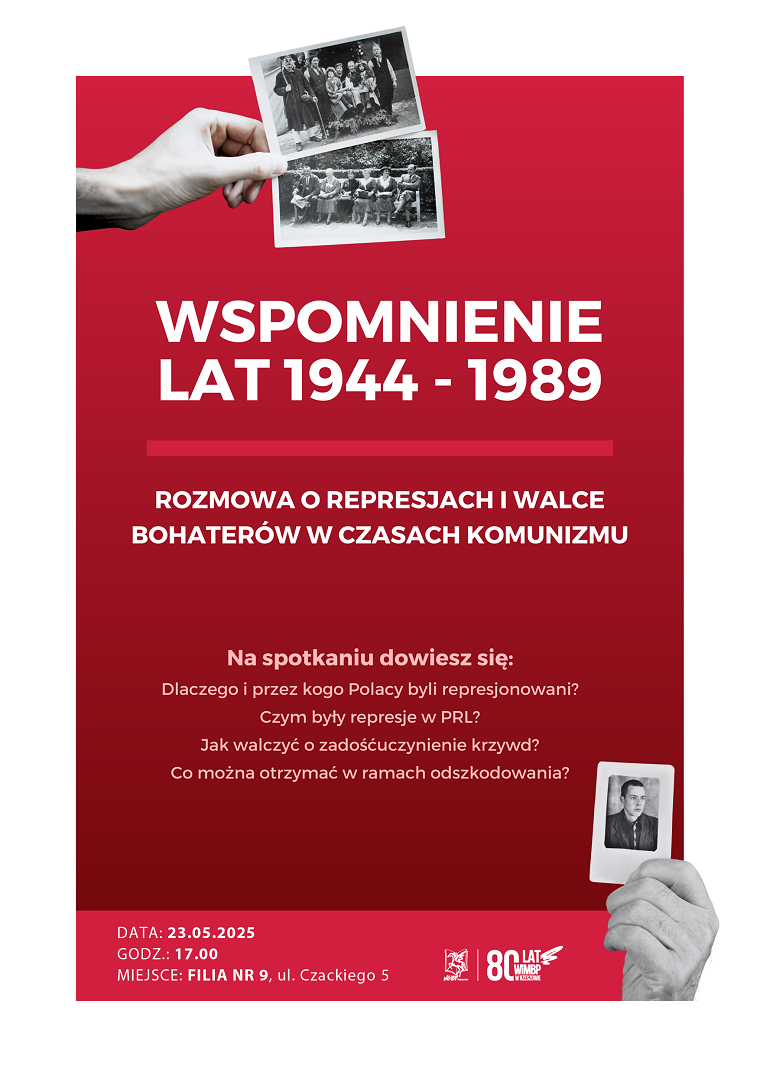Plakat w czerwonym kolorze, na którym widac dłonie trzymające stare fotografie