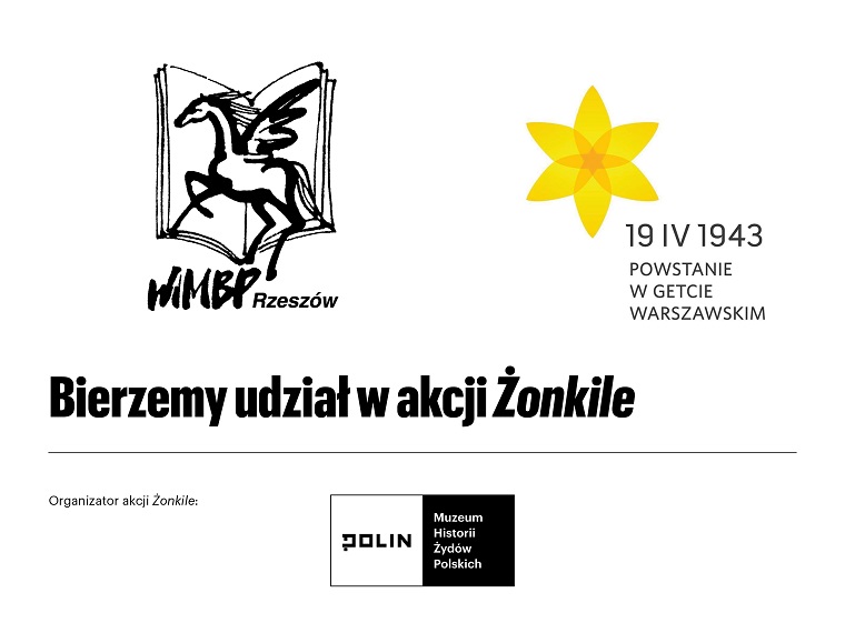 Czarno-biała grafika z z logotypami biblioteki i Muzeum Polin oraz napisem Bierzemy udział w akcji Żonkile