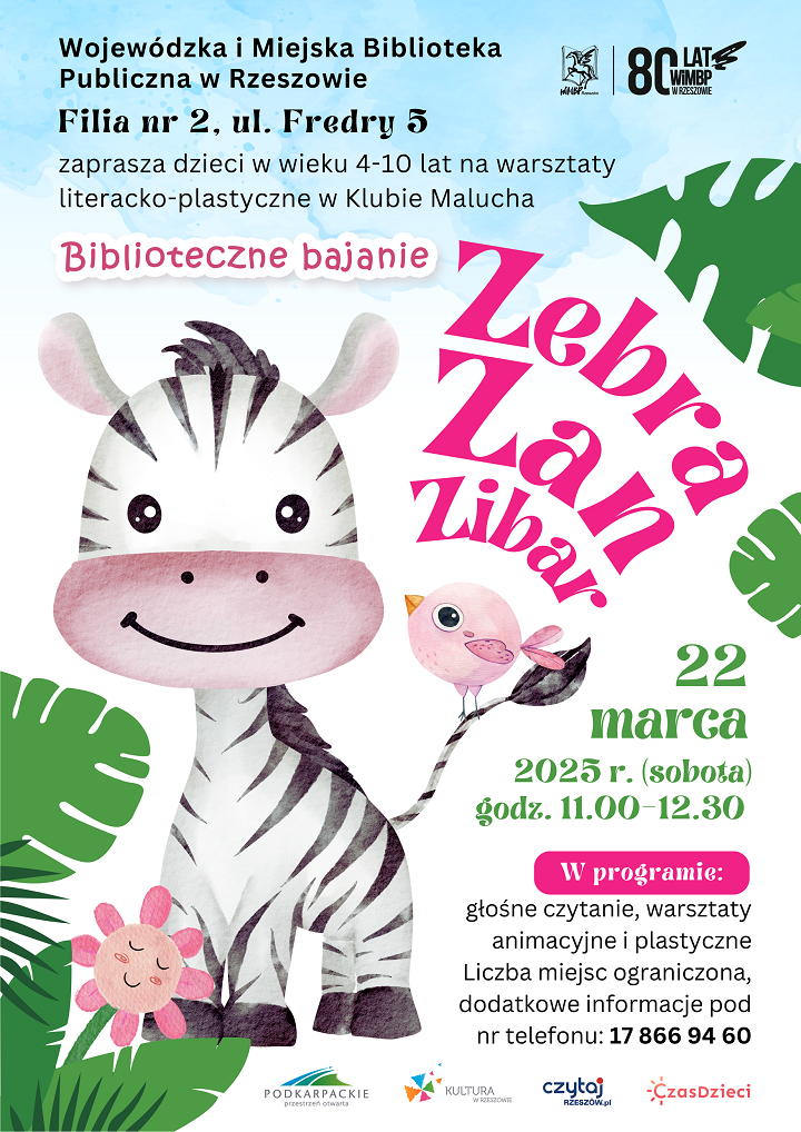Mała zebra. Na jej ogonie ptaszek, obok kwiatek z twarzą.