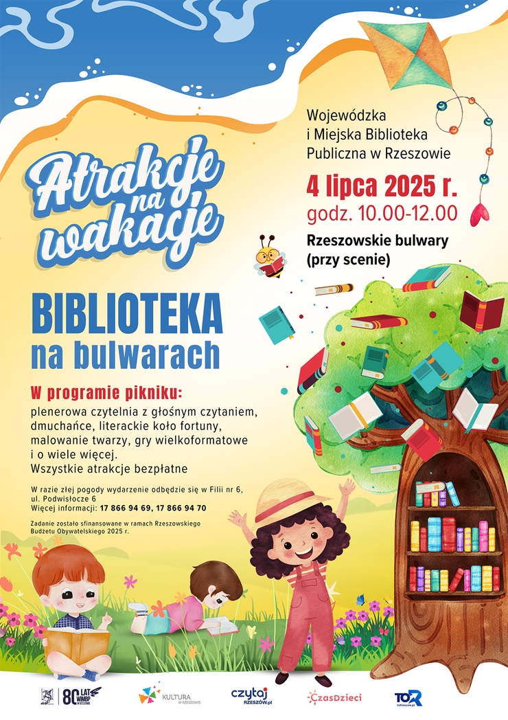 Dzieci czytające obok drzewa z książkami.