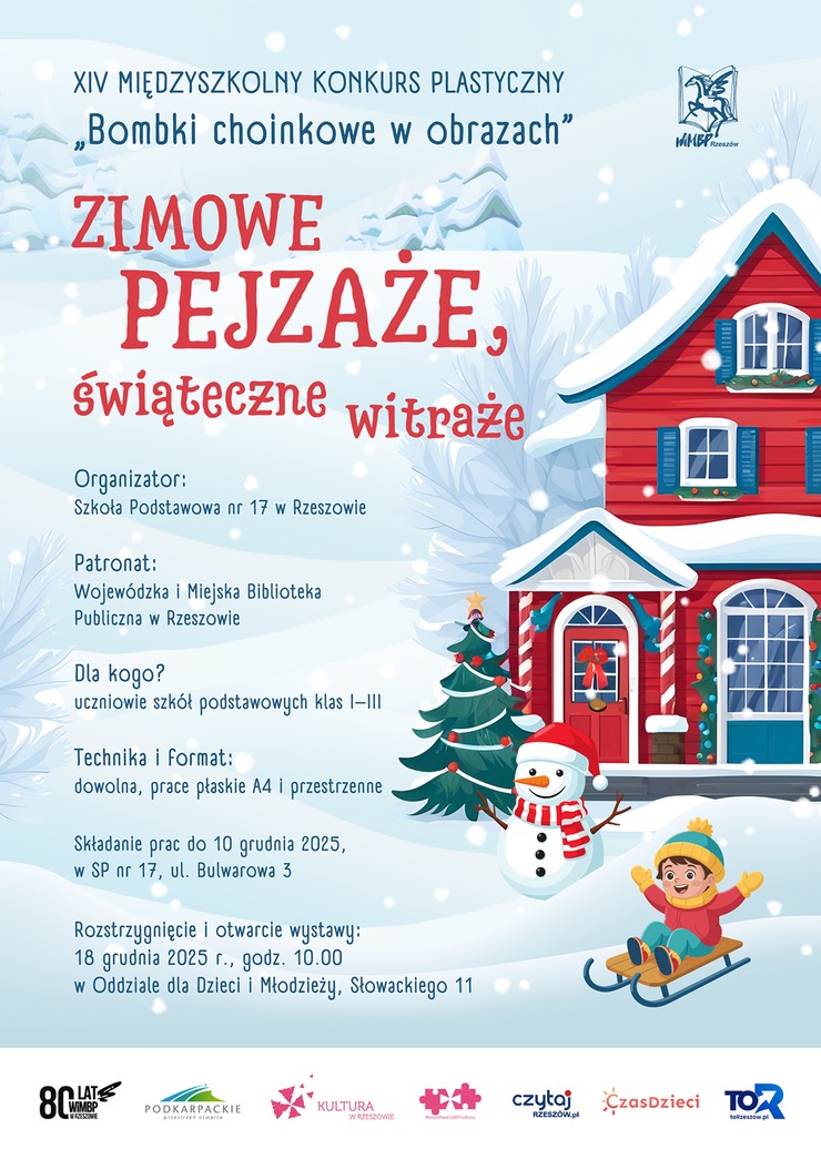 Domek udekorowany w ozdoby świąteczne, Chłopiec zjeżdżający na sankach, obok bałwanek. 