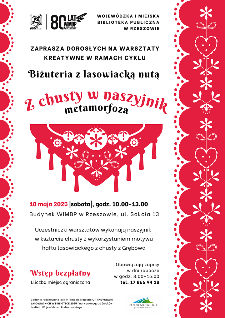Wzór lasowiacki po bokach grafiki. W środku chusta z haftem lasowiackim. 