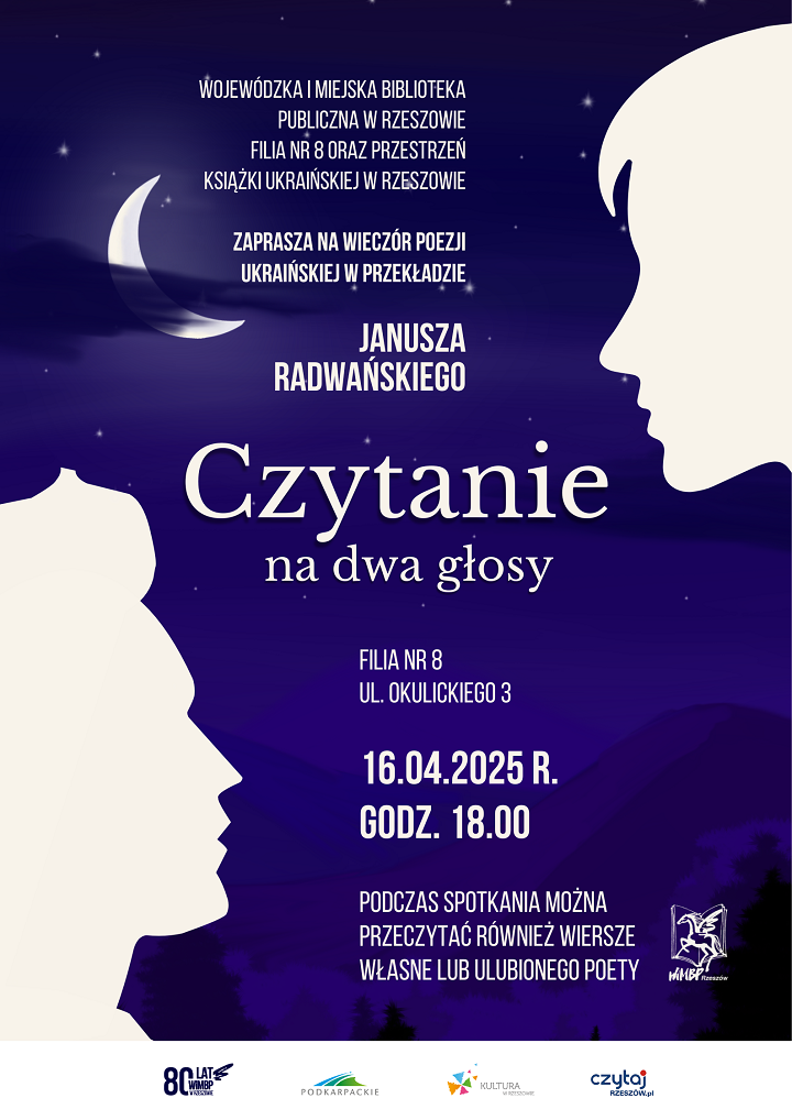 Dwie zwrócone do siebie twarze. Księżyc w tle. 
