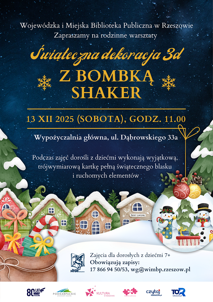 Grafika świąteczna z kolorowymi domkami, choinkami i bombkami z bałwankiem